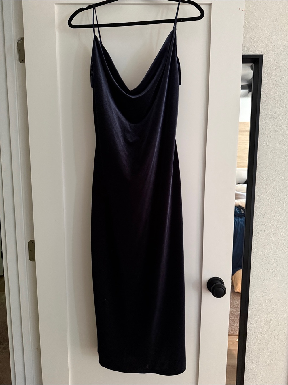 Jenny Yoo Dark Blue Satin Cowl-Neck Midi Slip Dress